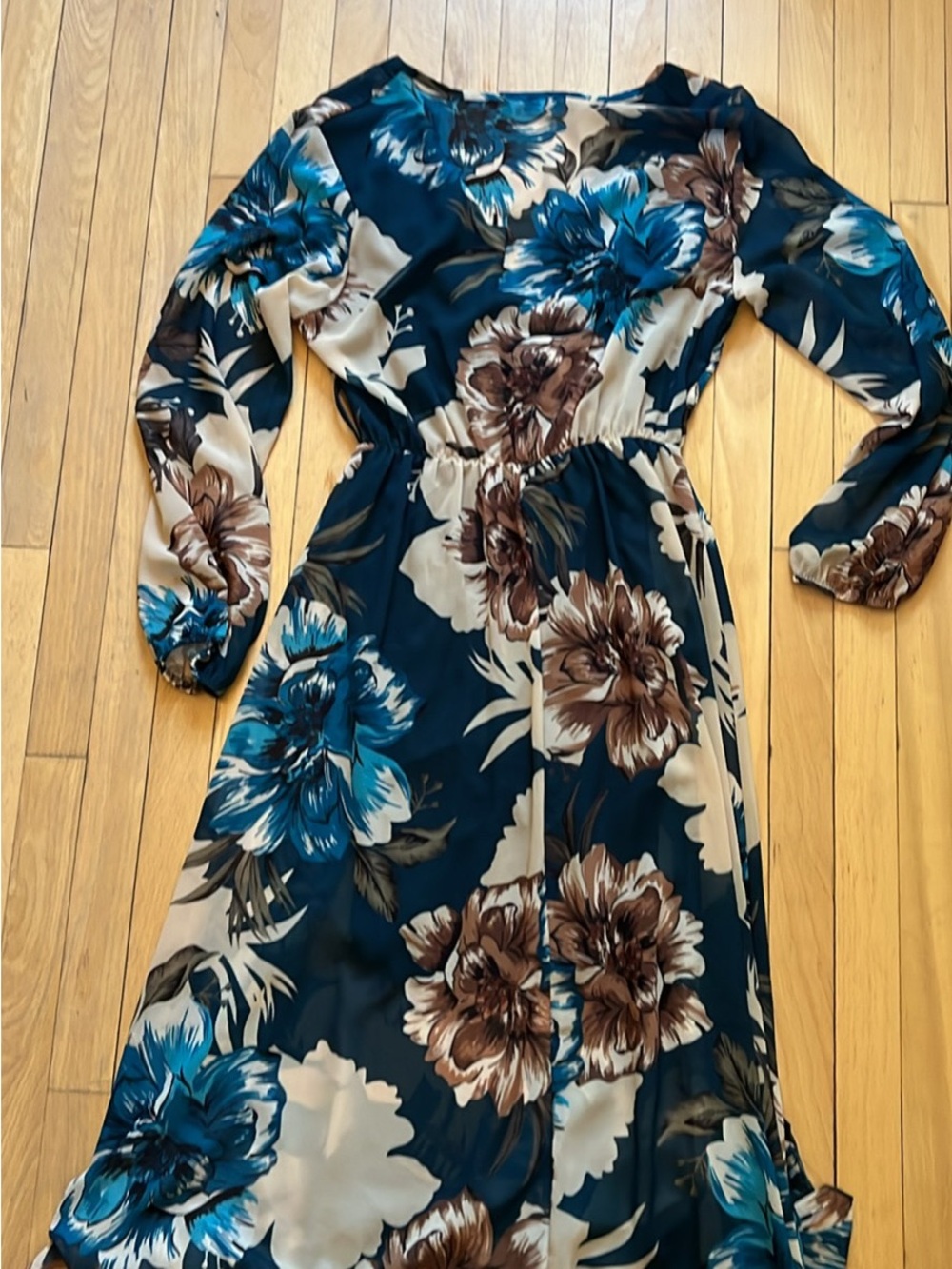 Floral Long Sleeve Maxi Dress in Teal Blue and Brown